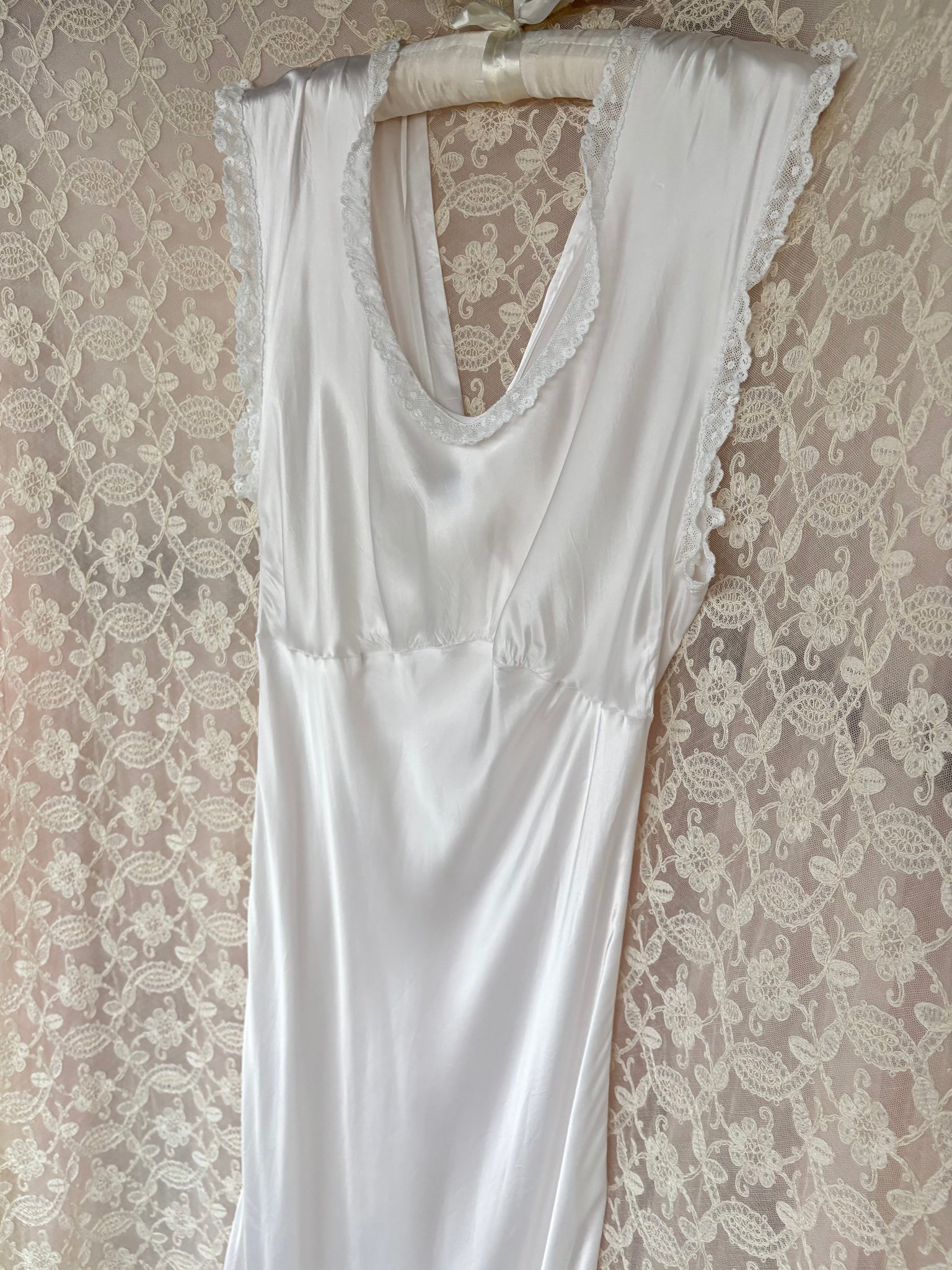 1940s White Bias Cut Slip Rayon Satin Lace Trim Dress