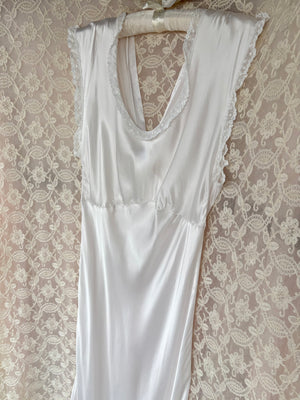 1940s White Bias Cut Slip Rayon Satin Lace Trim Dress