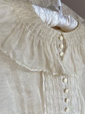 1930s Cream Organza Collar Tuffle Sleeve Sheer Gown Dress