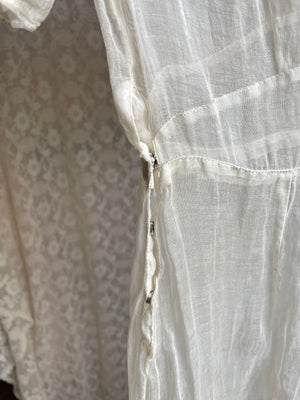 1930s Cream Organza Collar Tuffle Sleeve Sheer Gown Dress