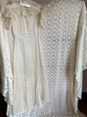 1930s Cream Organza Collar Tuffle Sleeve Sheer Gown Dress