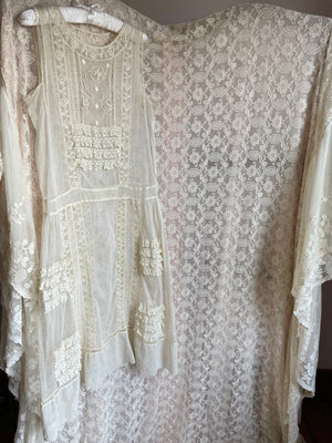 1920s Cream Filet Lace Embroidered Net Mesh Rose Floral Bows Wedding Dress