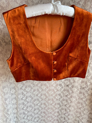 1970s Orange Velvet Button Up Crop Top