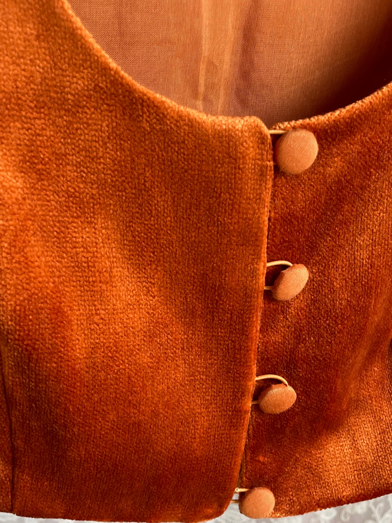 1970s Orange Velvet Button Up Crop Top