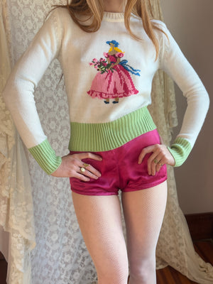 1970s White Green Novelty Woman Sweater Knit