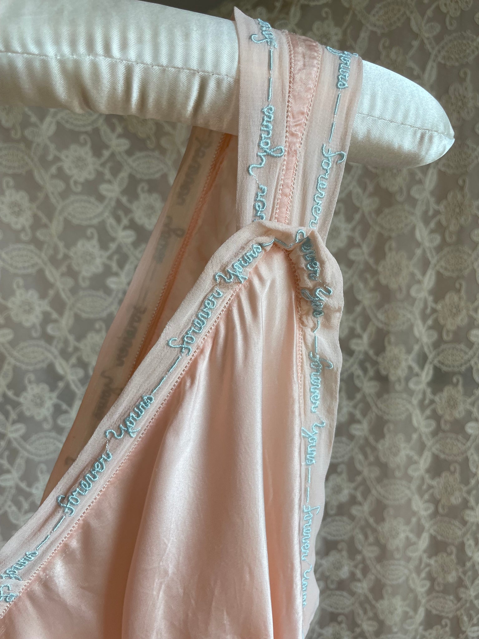 1940s “Forever Yours” Embroidered Pink Rayon Satin Bias Cut Slip Dress