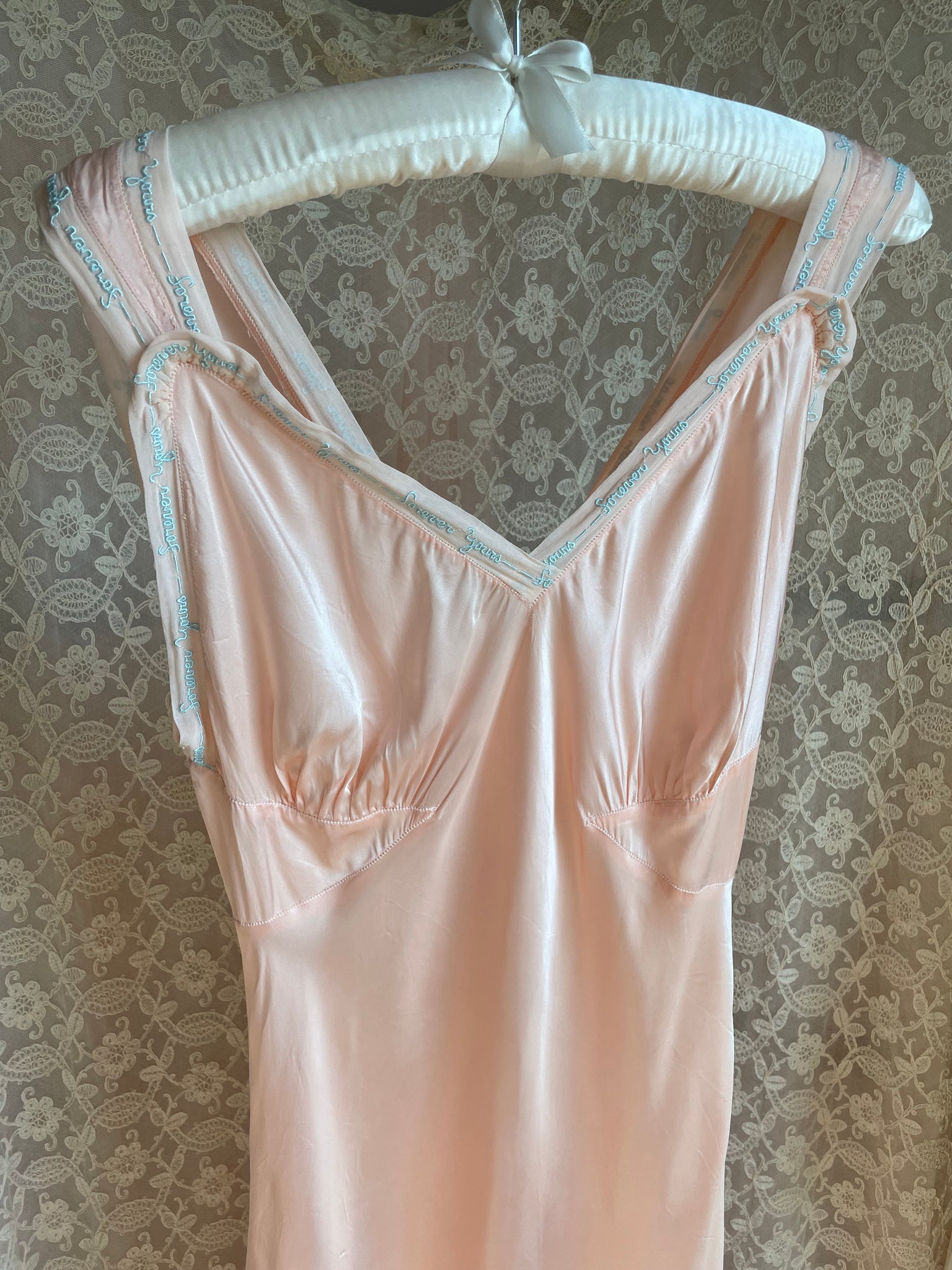 1940s “Forever Yours” Embroidered Pink Rayon Satin Bias Cut Slip Dress