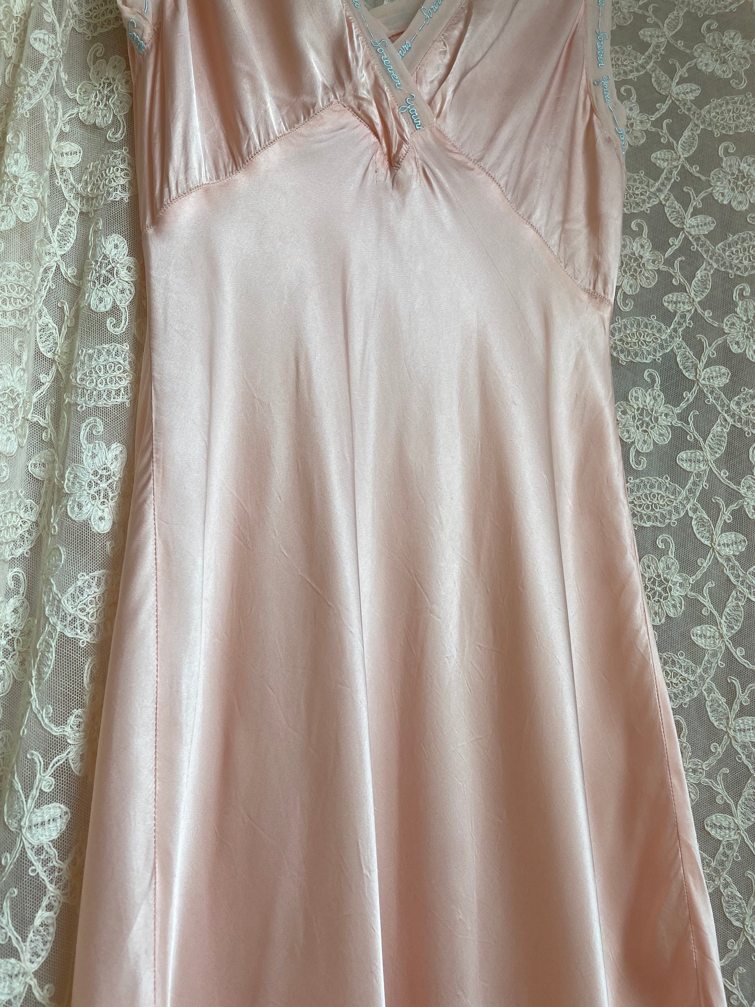 1940s “Forever Yours” Embroidered Pink Rayon Satin Bias Cut Slip Dress