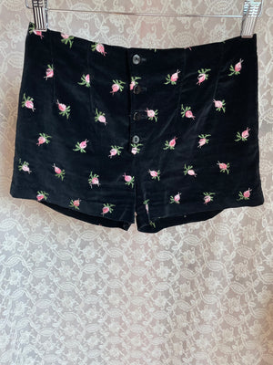 1970s Black Velvet Rose Embroidered Floral Pink Shorts Vest Pants Suit Set Three Piece