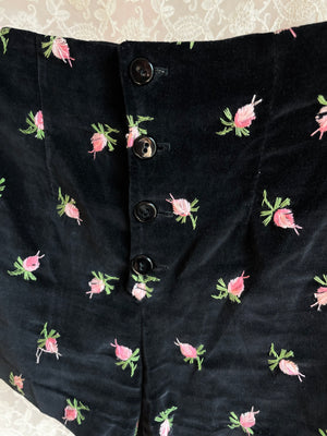 1970s Black Velvet Rose Embroidered Floral Pink Shorts Vest Pants Suit Set Three Piece