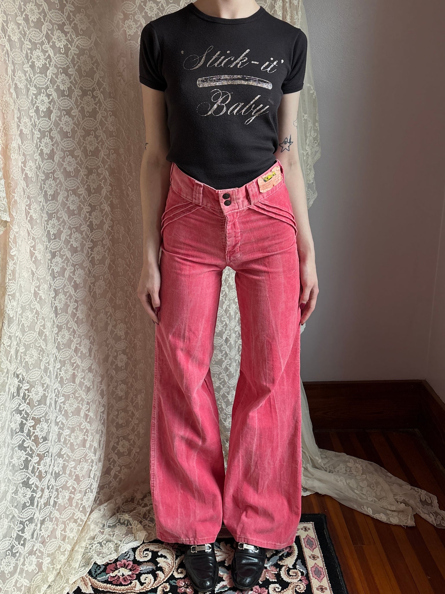 1970s Pink Corduroy Pants Wide Leg Bell Bottom