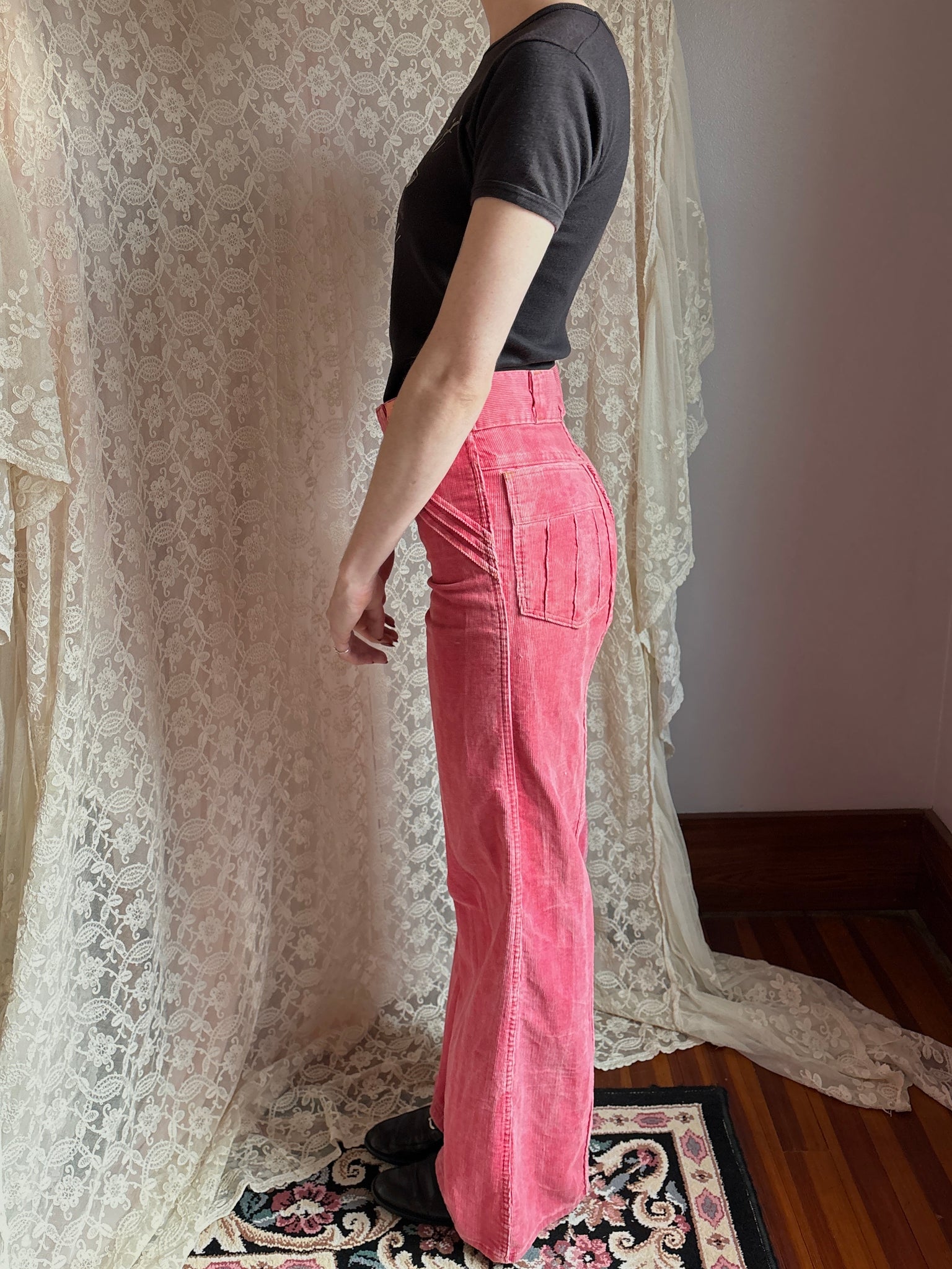 1970s Pink Corduroy Pants Wide Leg Bell Bottom