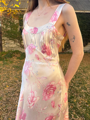 1940s Floral Print Rayon Satin Bias Cut Dress White Pink