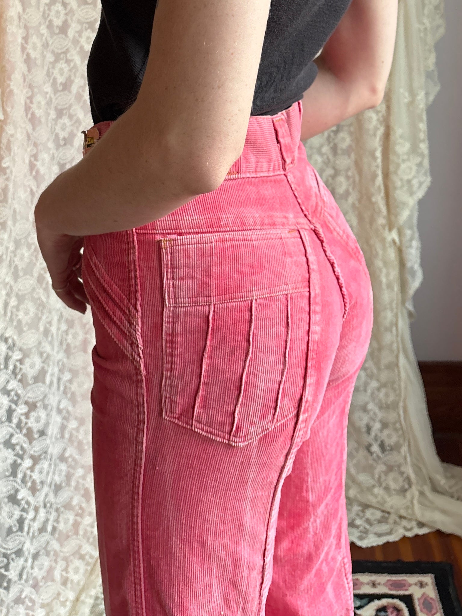 1970s Pink Corduroy Pants Wide Leg Bell Bottom