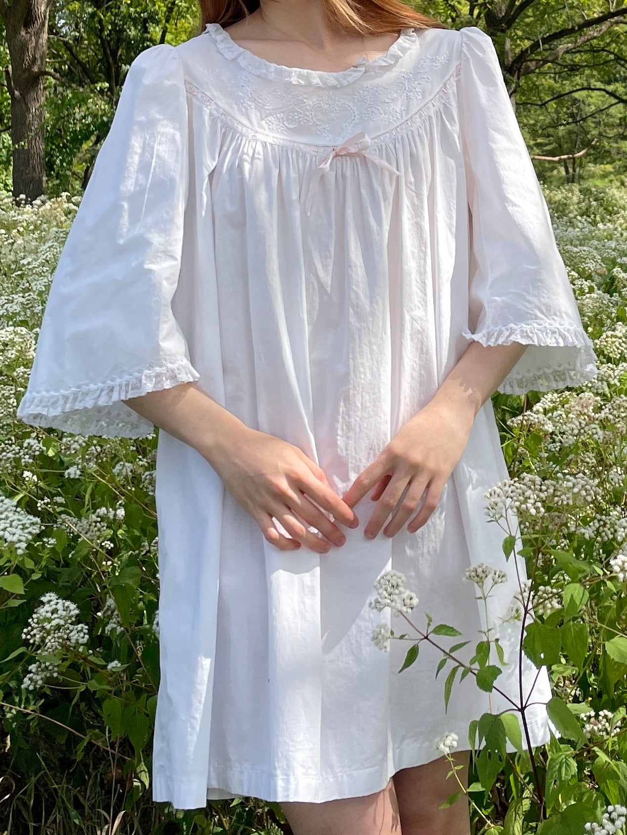 1900s White Cotton Bell Sleeve Monogrammed A Floral Embroidered Dress Pink Ribbon