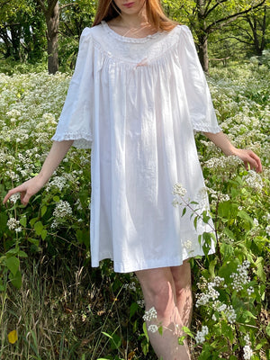 1900s White Cotton Bell Sleeve Monogrammed A Floral Embroidered Dress Pink Ribbon