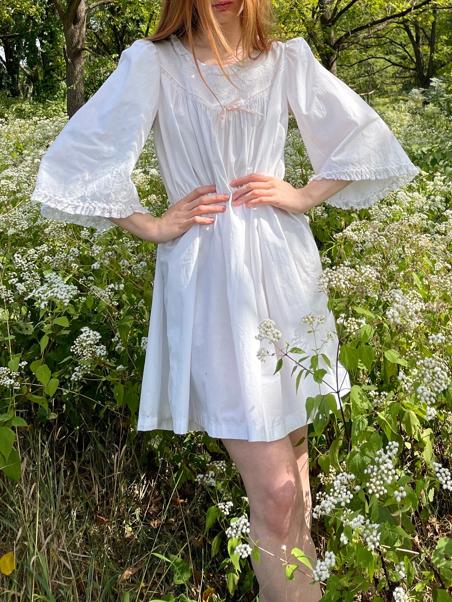 1900s White Cotton Bell Sleeve Monogrammed A Floral Embroidered Dress Pink Ribbon