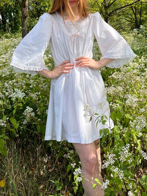 1900s White Cotton Bell Sleeve Monogrammed A Floral Embroidered Dress Pink Ribbon