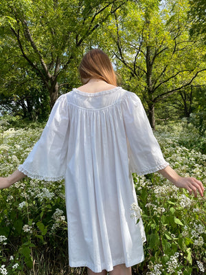 1900s White Cotton Bell Sleeve Monogrammed A Floral Embroidered Dress Pink Ribbon