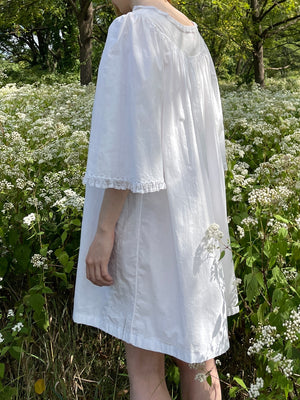 1900s White Cotton Bell Sleeve Monogrammed A Floral Embroidered Dress Pink Ribbon