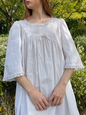 1900s White Cotton Bell Sleeve Monogrammed A Floral Embroidered Dress Pink Ribbon