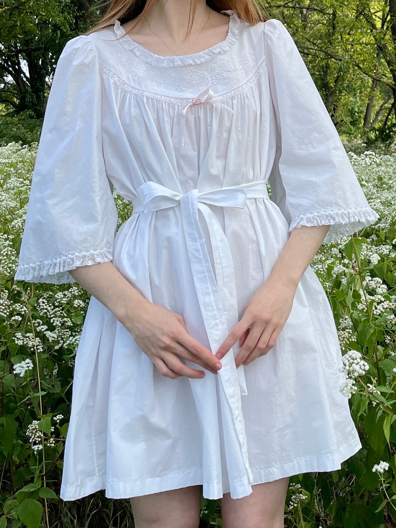 1900s White Cotton Bell Sleeve Monogrammed A Floral Embroidered Dress Pink Ribbon