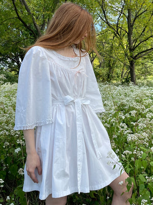 1900s White Cotton Bell Sleeve Monogrammed A Floral Embroidered Dress Pink Ribbon