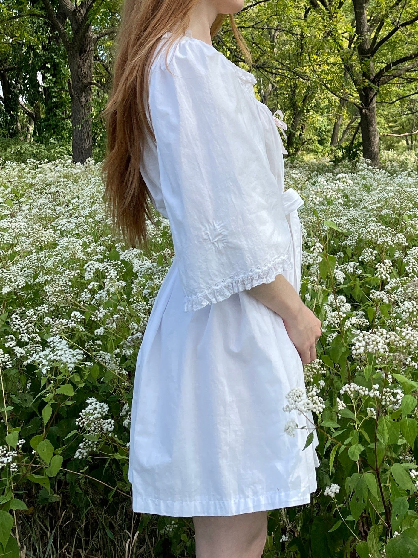 1900s White Cotton Bell Sleeve Monogrammed A Floral Embroidered Dress Pink Ribbon