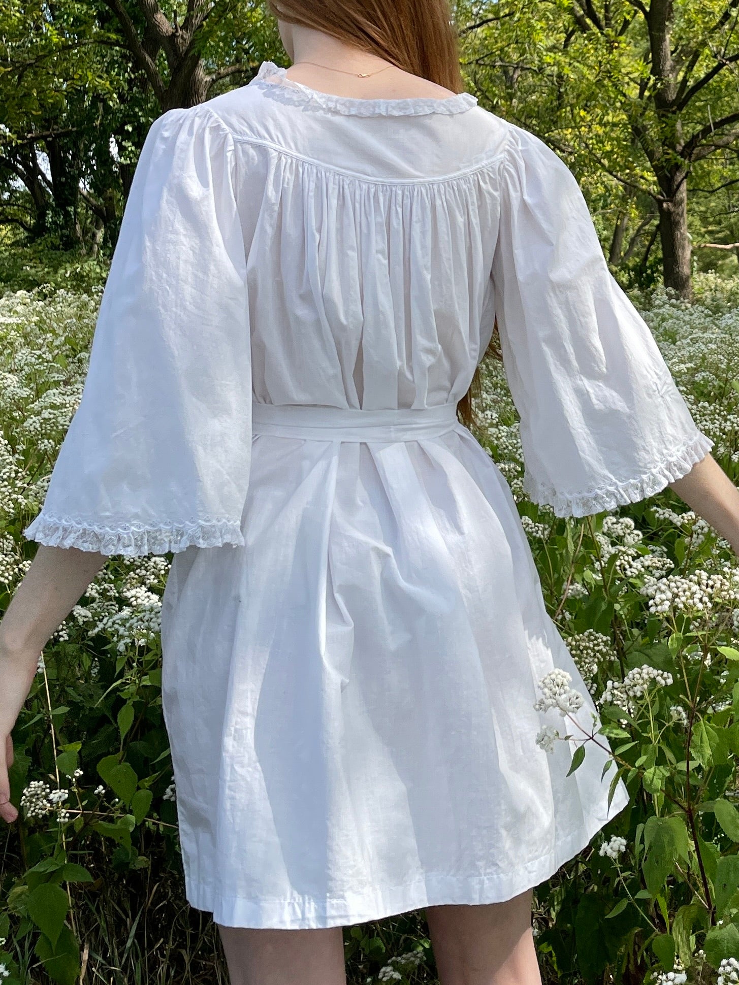 1900s White Cotton Bell Sleeve Monogrammed A Floral Embroidered Dress Pink Ribbon