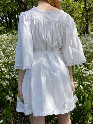 1900s White Cotton Bell Sleeve Monogrammed A Floral Embroidered Dress Pink Ribbon