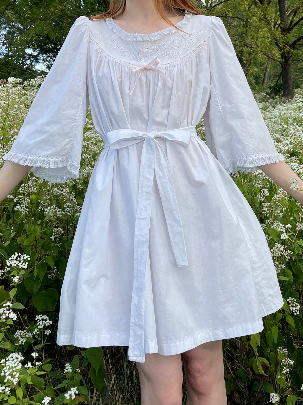 1900s White Cotton Bell Sleeve Monogrammed A Floral Embroidered Dress Pink Ribbon