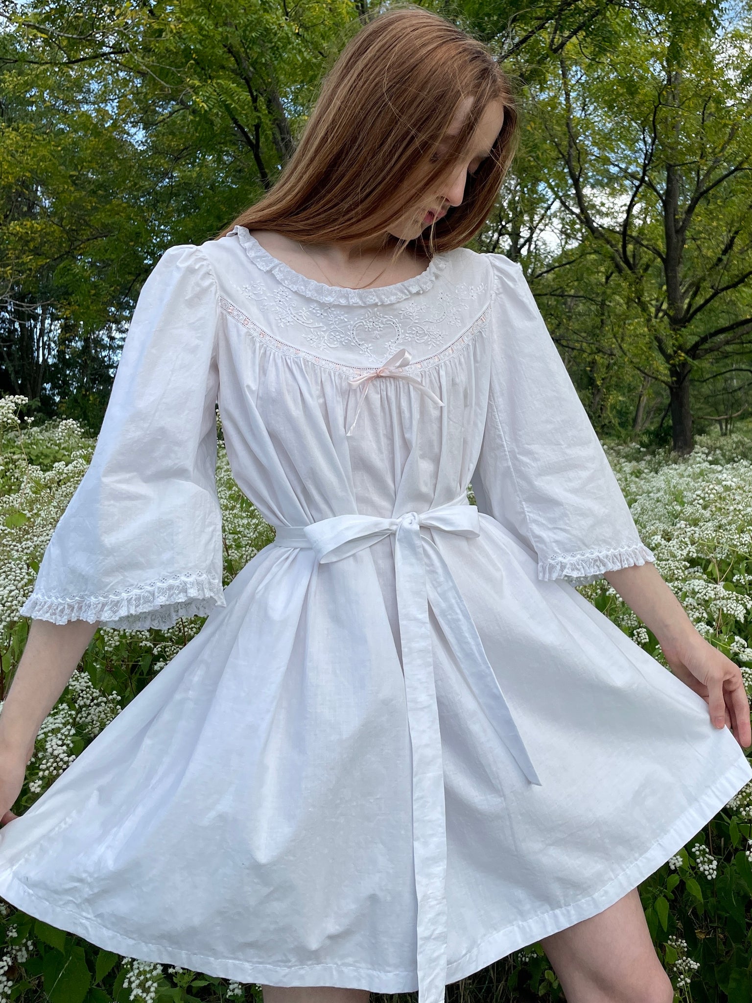 1900s White Cotton Bell Sleeve Monogrammed A Floral Embroidered Dress Pink Ribbon