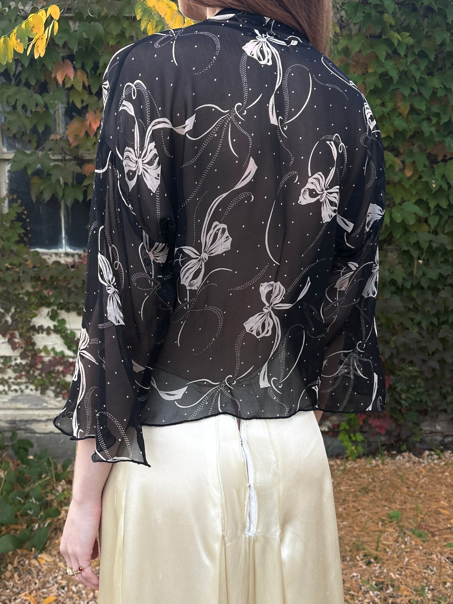 1990s Silk Chiffon Bow Print Wrap Blouse Black White