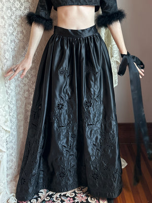 1980s Black Satin Floral Cut Out Skirt Full Length