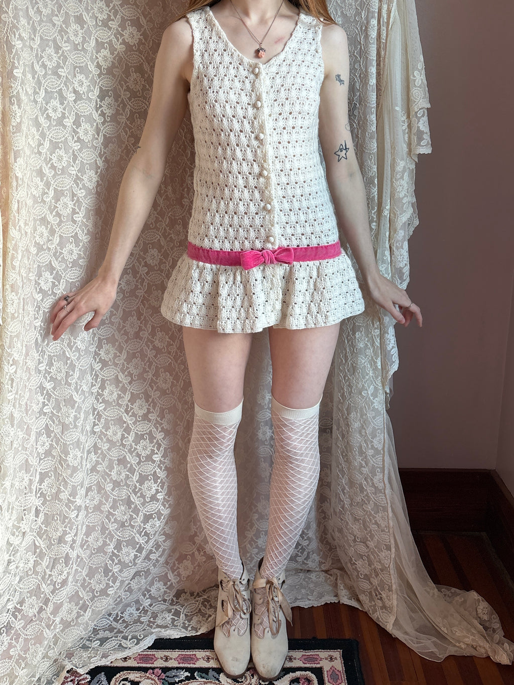 1970s White Crochet Pink Ribbon Mini Dress