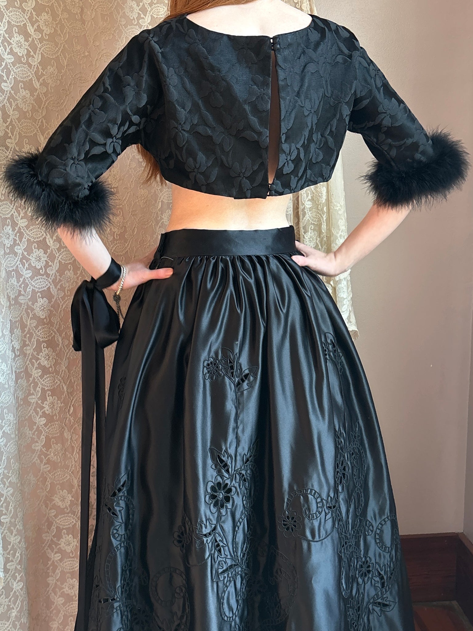 1960s Black Marabou Feather Trim Floral Brocade Crop Blouse