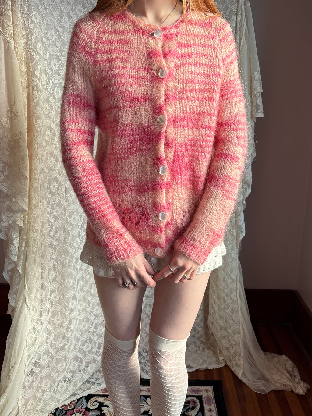 1960s Pink Space Dye Mohair Wool Crochet Cardigan Sweater