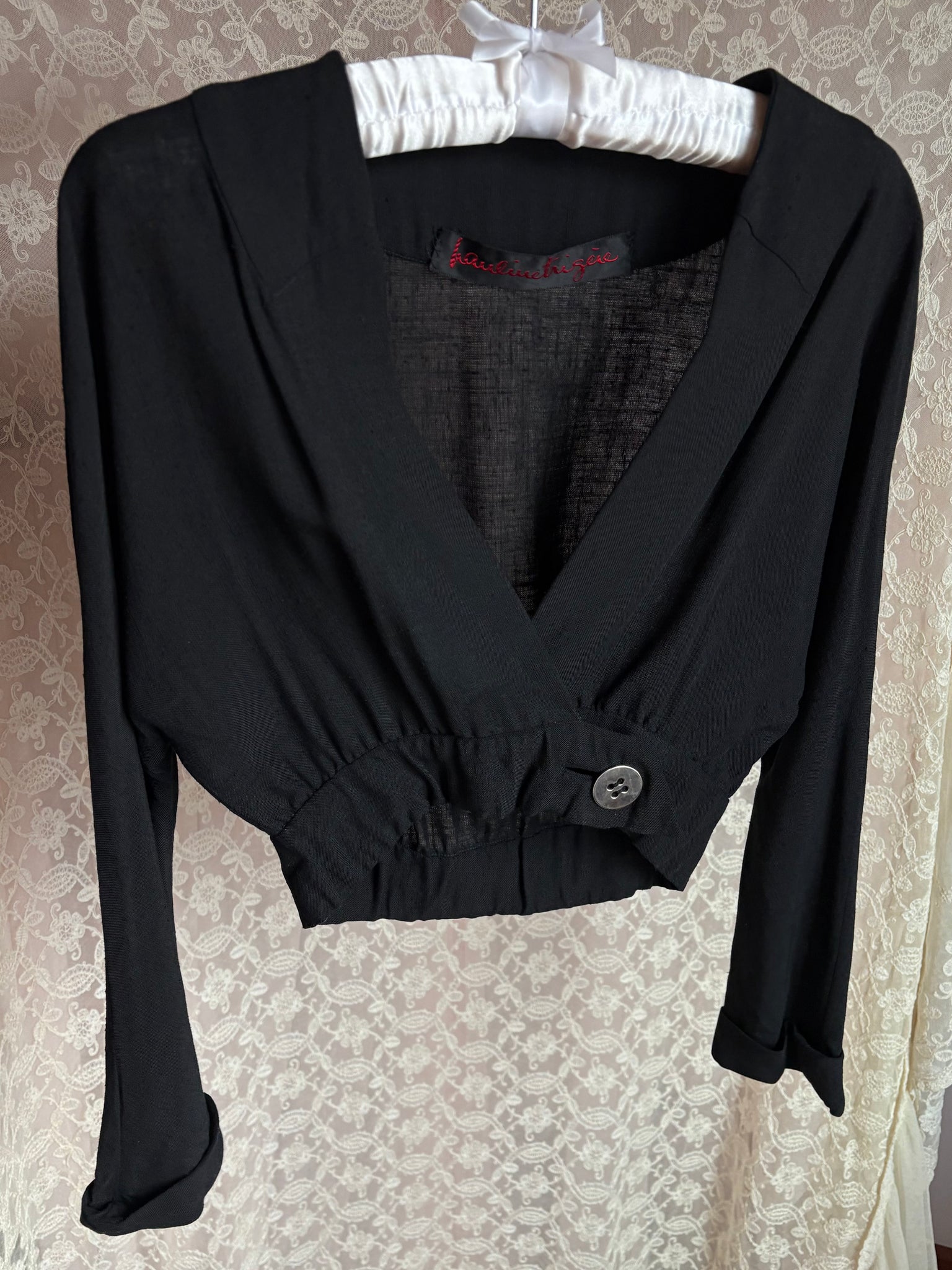 1960s Black Cropped Linen Bolero Pauline Trigere