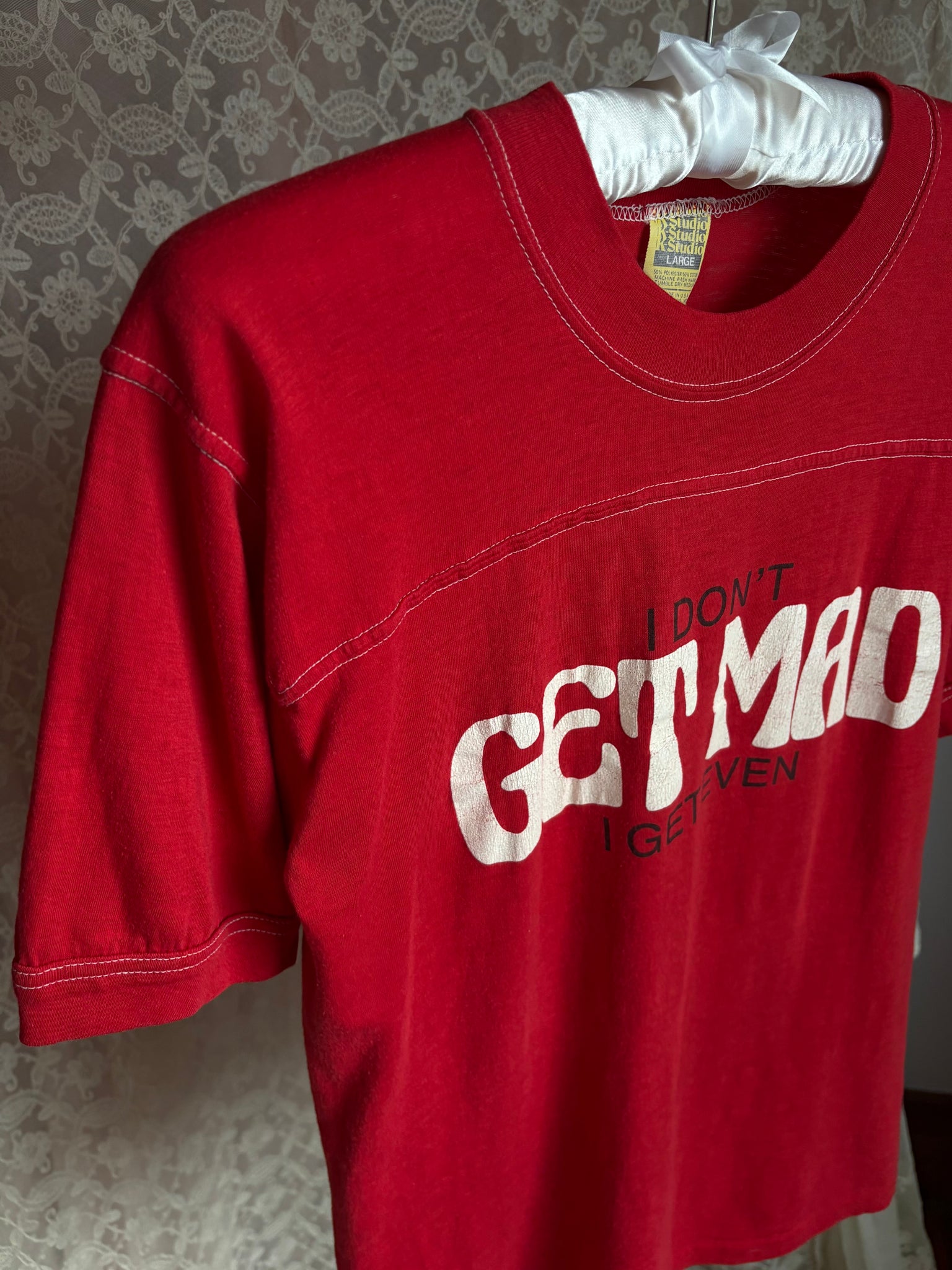 1970s “I don’t get mad I get even” T Shirt Tee Red