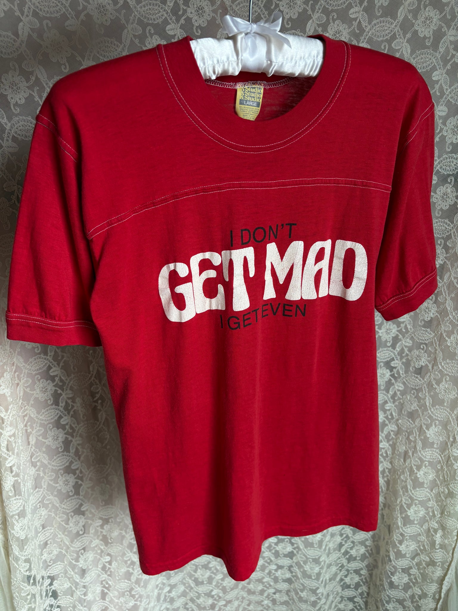 1970s “I don’t get mad I get even” T Shirt Tee Red