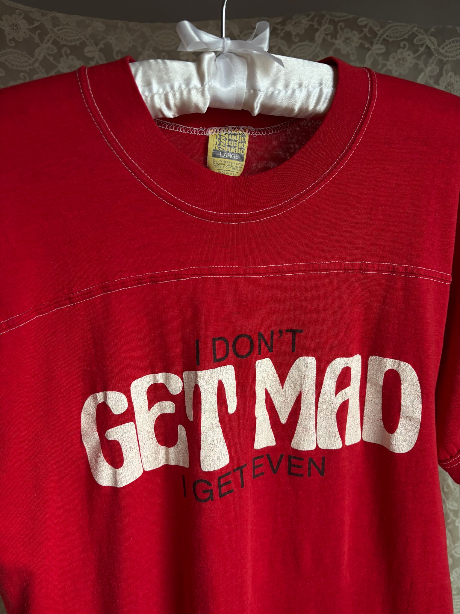 1970s “I don’t get mad I get even” T Shirt Tee Red