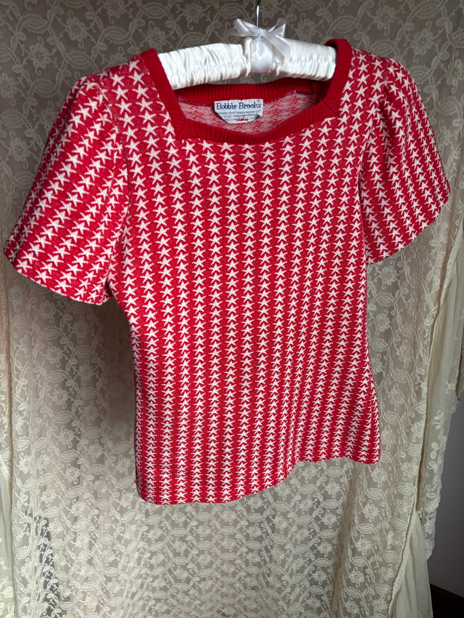 1970s Star Knit T Shirt Tee Red White