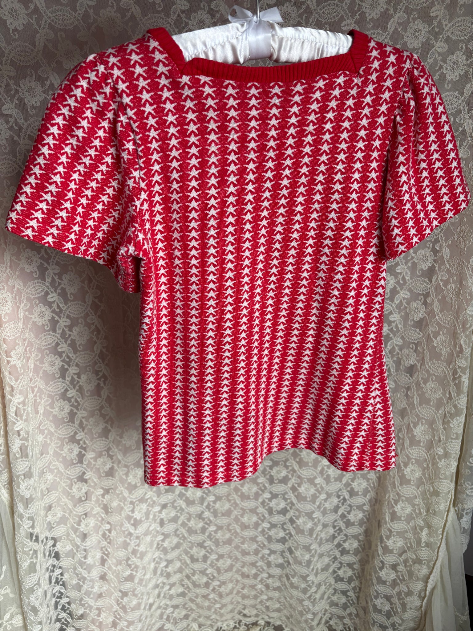 1970s Star Knit T Shirt Tee Red White