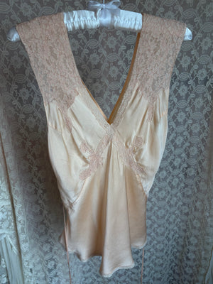 1940s Peach Silk Satin Lace Embroidered Blouse Tank