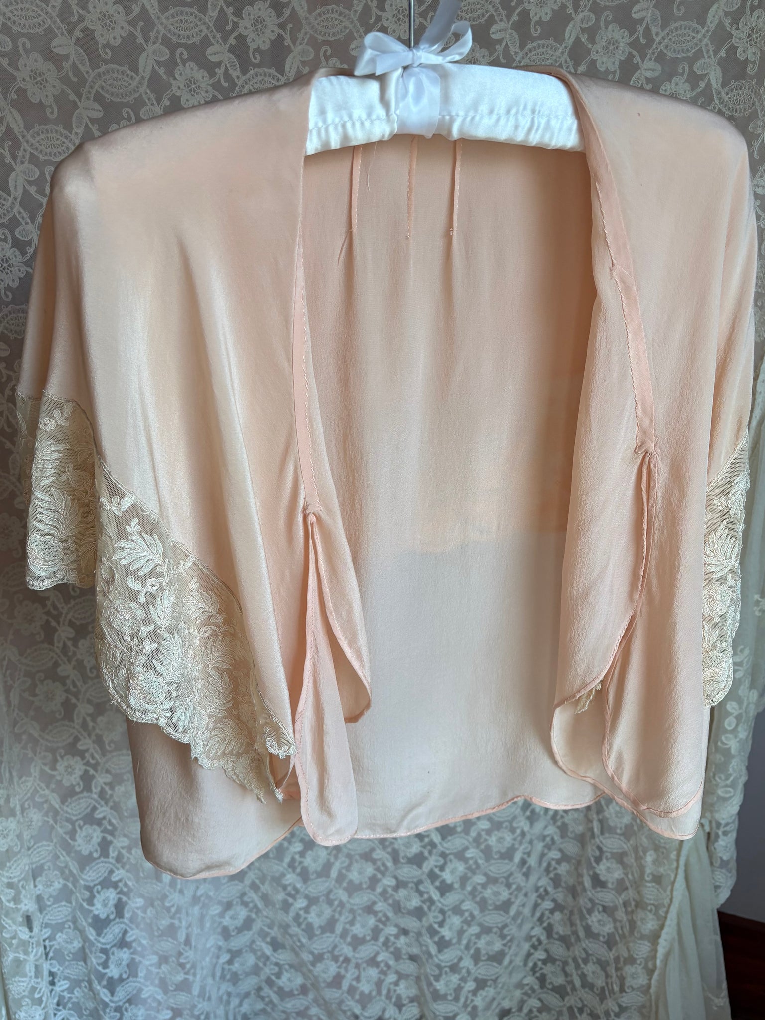 1930s Pink Silk Tambour Lace Embroidered Blouse Tie Front