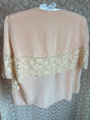 1930s Pink Silk Tambour Lace Embroidered Blouse Tie Front