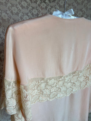 1930s Pink Silk Tambour Lace Embroidered Blouse Tie Front