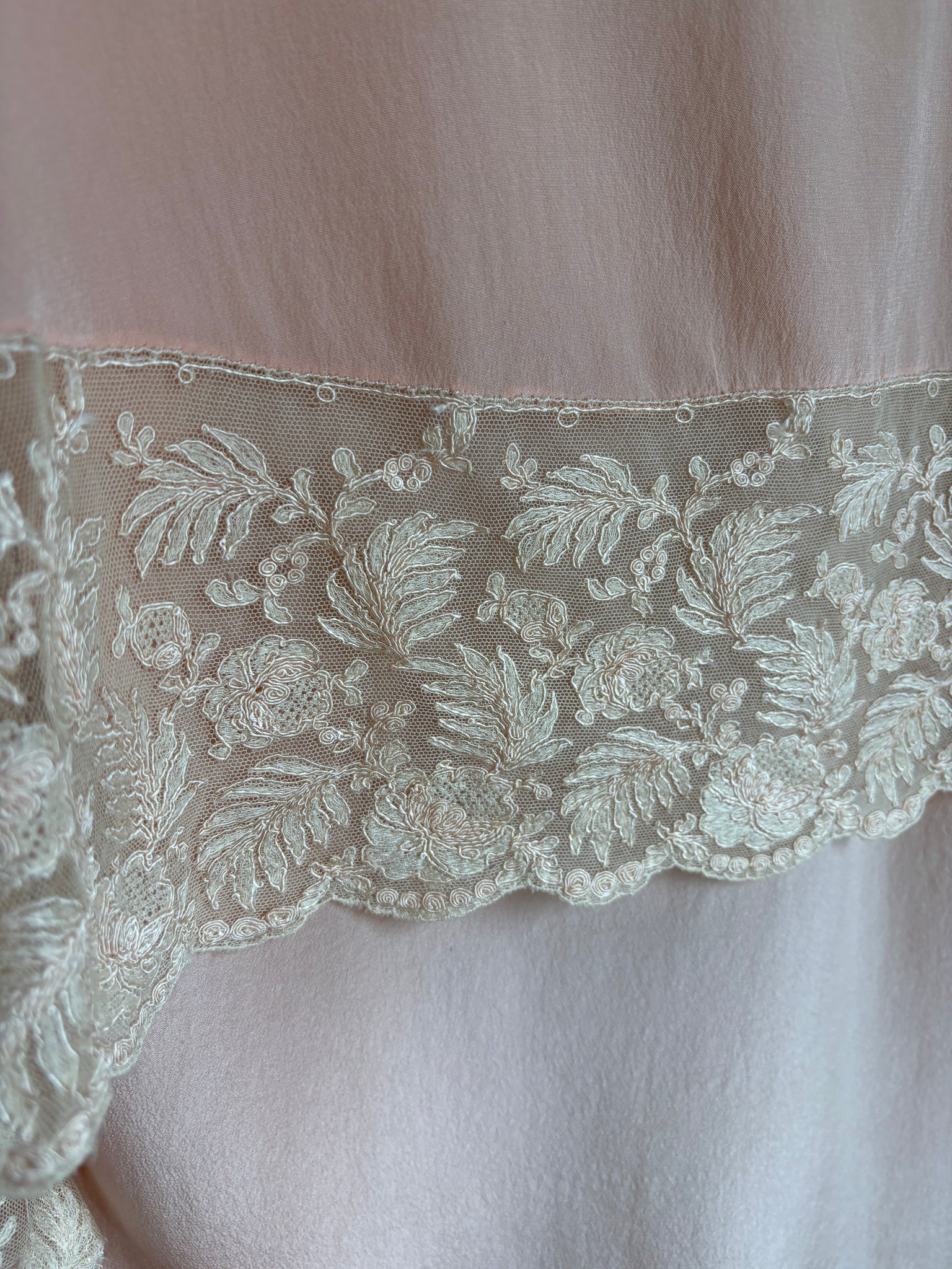 1930s Pink Silk Tambour Lace Embroidered Blouse Tie Front