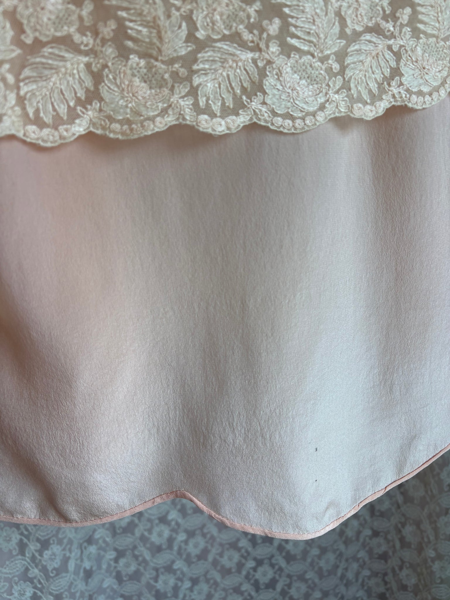 1930s Pink Silk Tambour Lace Embroidered Blouse Tie Front