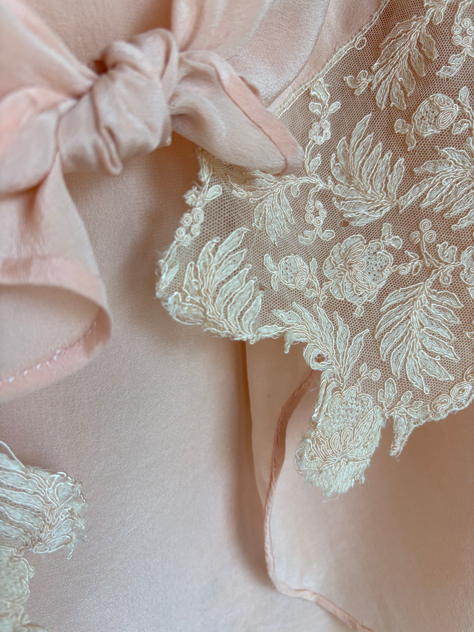 1930s Pink Silk Tambour Lace Embroidered Blouse Tie Front